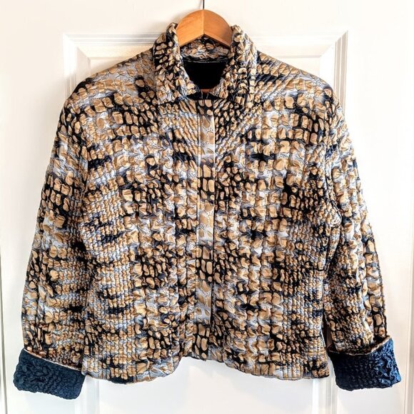 Handmade UBU Slate Blue Grey Tan Reversible Full Zip Crinkle Puffer Jacket - Picture 1 of 7